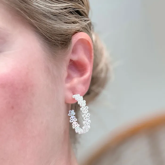 Earrings Textured Metal Flower Hoop Earrings White Prep Obsessed ESS