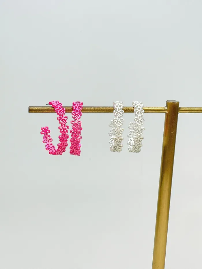 Earrings Textured Metal Flower Hoop Earrings White Prep Obsessed ESS