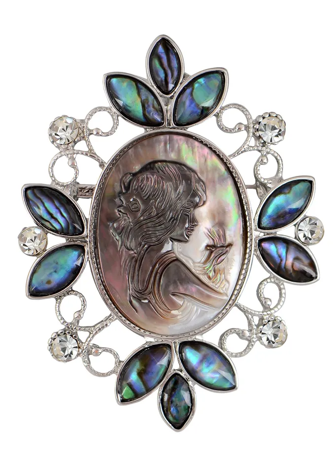 Alilang Vintage Inspired Abalone Shell Clear Crystal Rhinestone Lady Cameo Brooch Pin Maiden Flower Pendant Alilang Necklaces