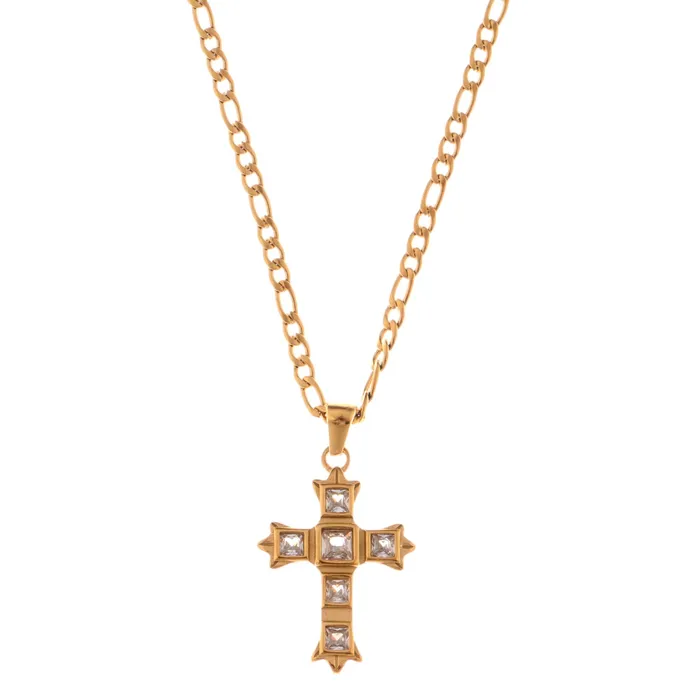Gold Tone Cross Pendant Necklace with Green Gemstone Accents Refined by AnnaKaci Necklaces