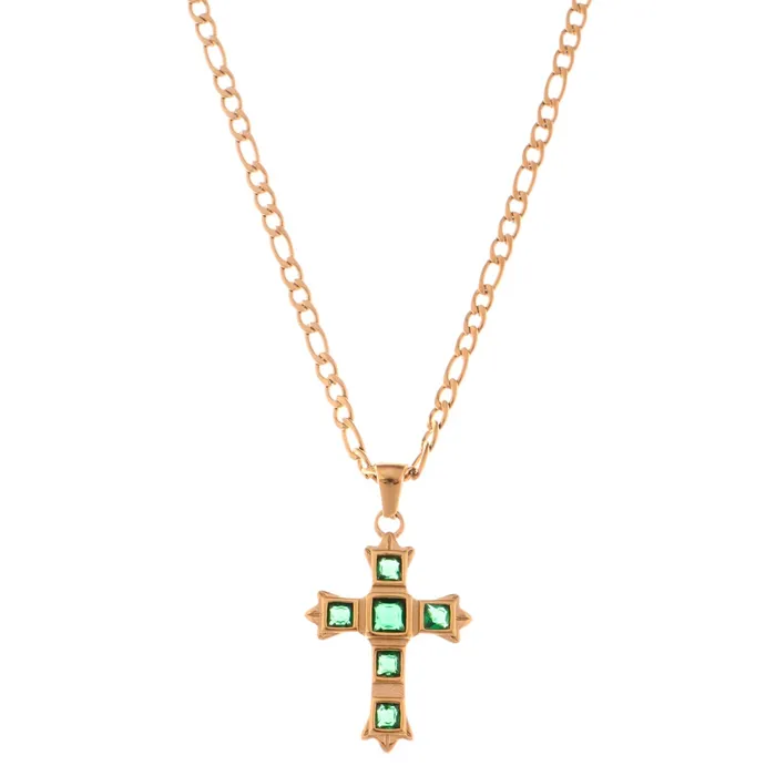 Gold Tone Cross Pendant Necklace with Green Gemstone Accents Refined by AnnaKaci Necklaces Gold Tone Cross Pendant Necklace with Green Gemstone Accents Refined by AnnaKaci Necklaces