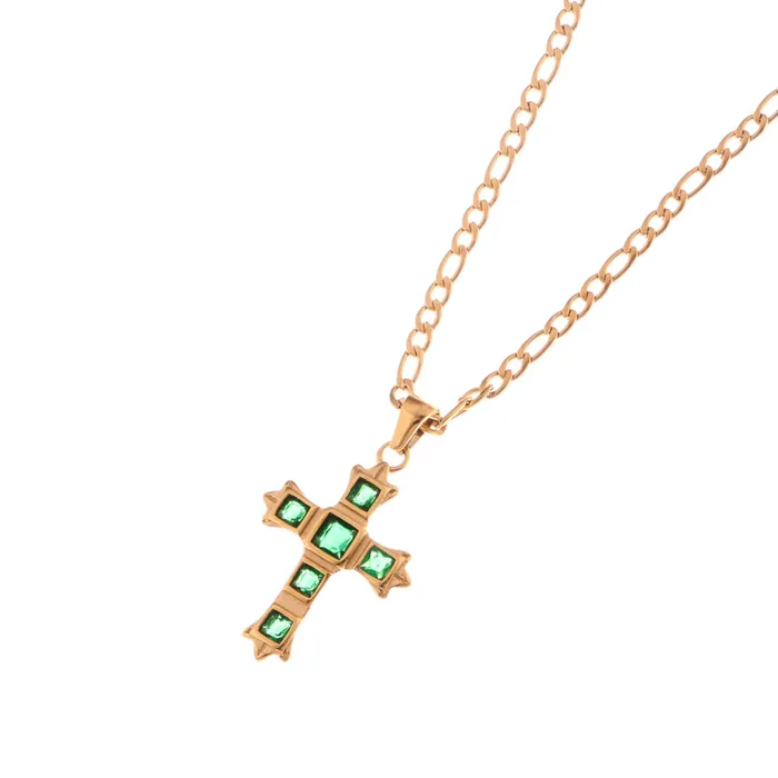 Gold Tone Cross Pendant Necklace with Green Gemstone Accents Refined by AnnaKaci Necklaces Gold Tone Cross Pendant Necklace with Green Gemstone Accents Refined by AnnaKaci Necklaces