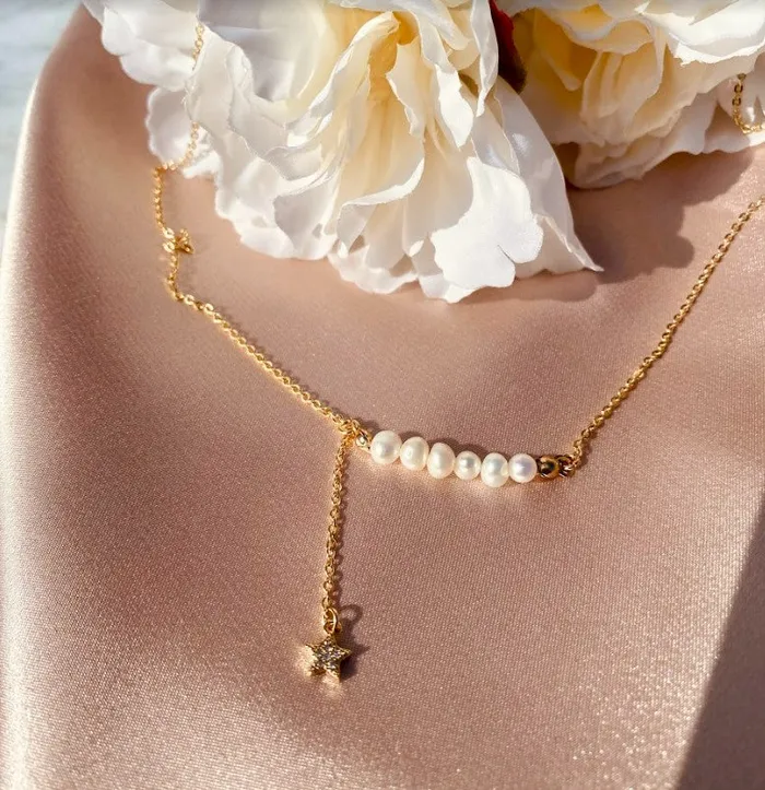 Necklaces Gold Pearl Line Necklace Refined by AnnaKaci Necklaces Gold Pearl Line Necklace Refined by AnnaKaci