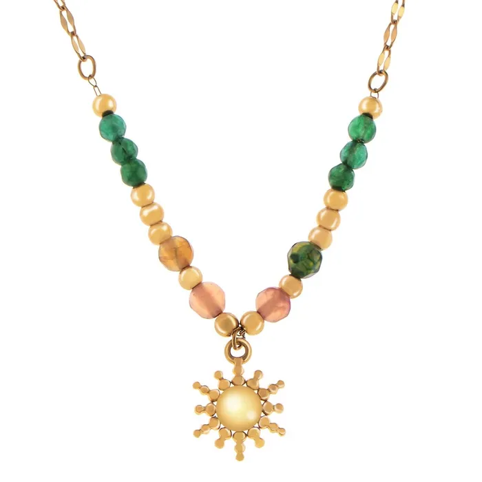 Womens Stainless Steel Beaded Necklace with 18K Gold Plated Sun Pendant Adjustable Chain Unique Design with Colorful Beads ALILANGCOM Necklaces