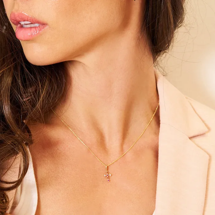 Womens Necklaces 14k Gold Cross Fuchsia Cubic Zirconia Womens PendantNecklace 1618 Necklaces